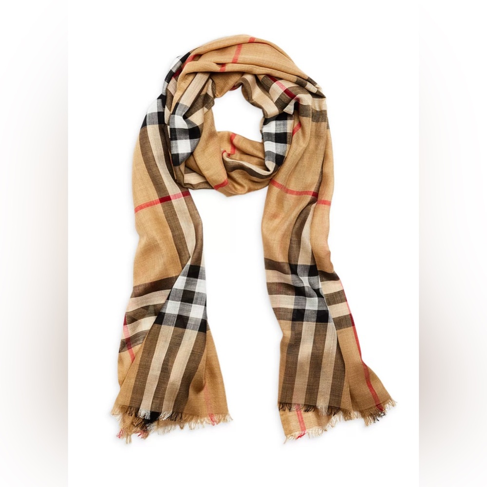 Burberry Lightweight Giant Check Wool & Silk Scarf in Archive Beige
